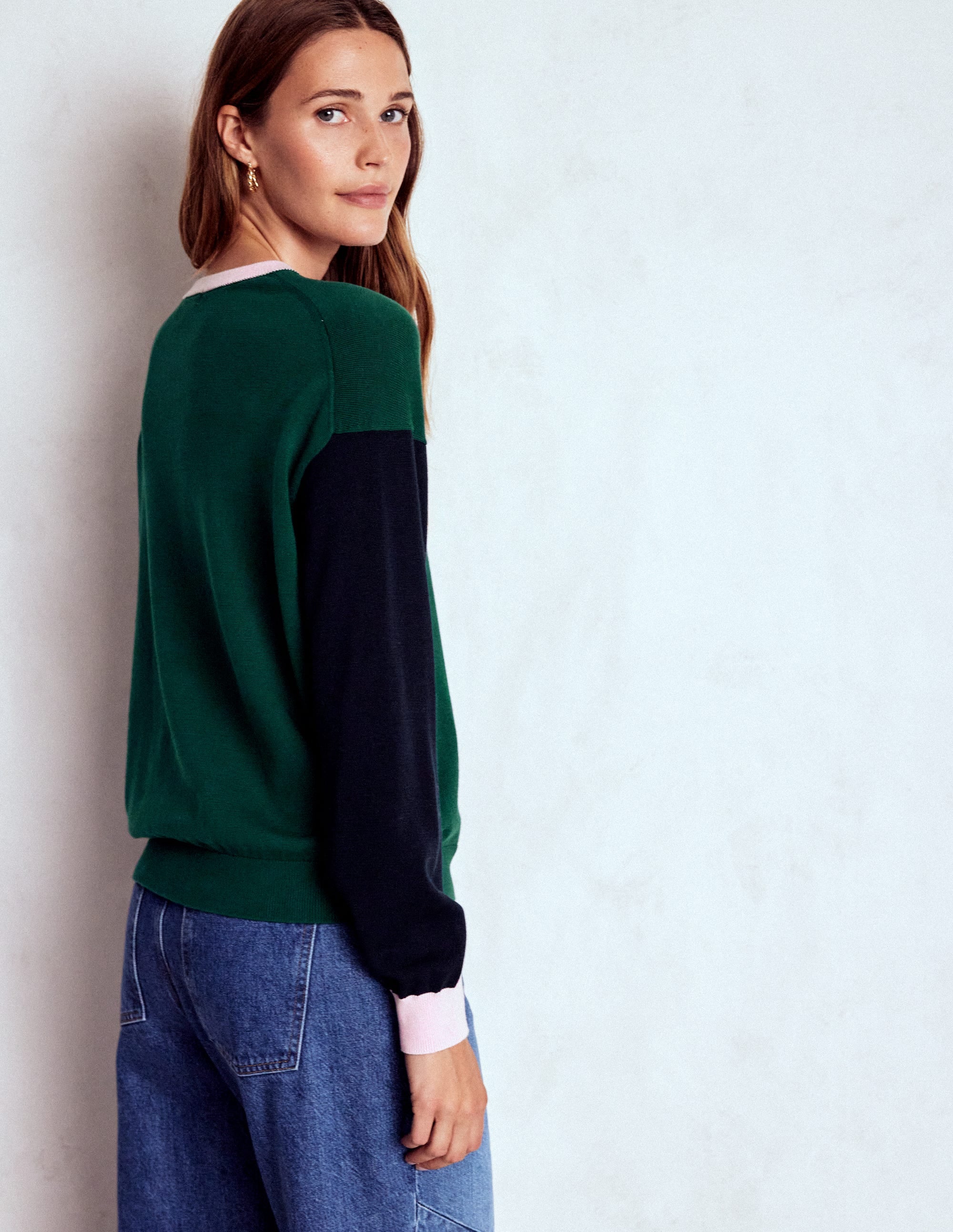 Lara Lockerer Baumwollpullover-Dunkles Smaragdgrün, Marineblau - Image 3