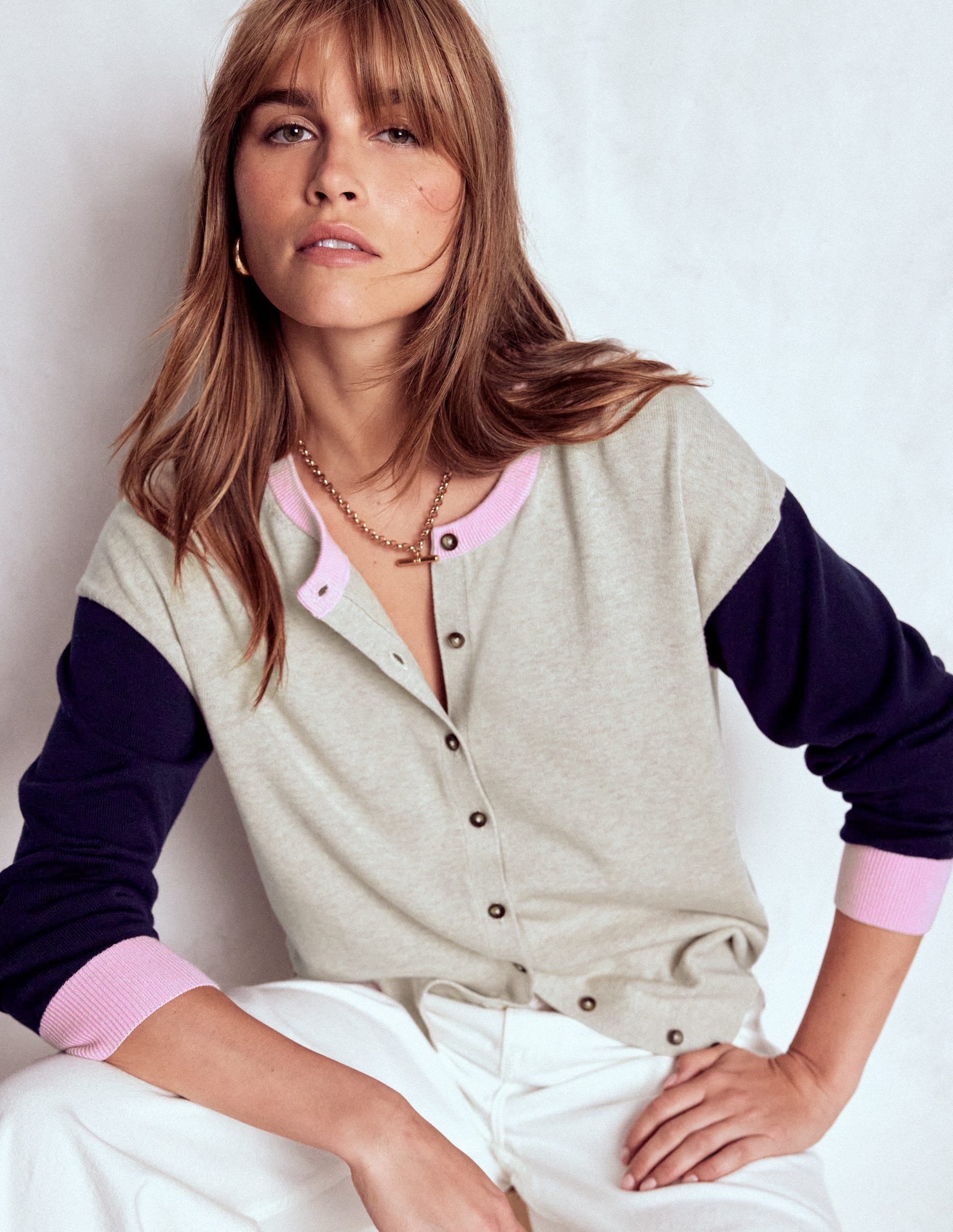 Lara Lockere Baumwoll-Strickjacke-Hafer Meliert, Marineblau - Image 1