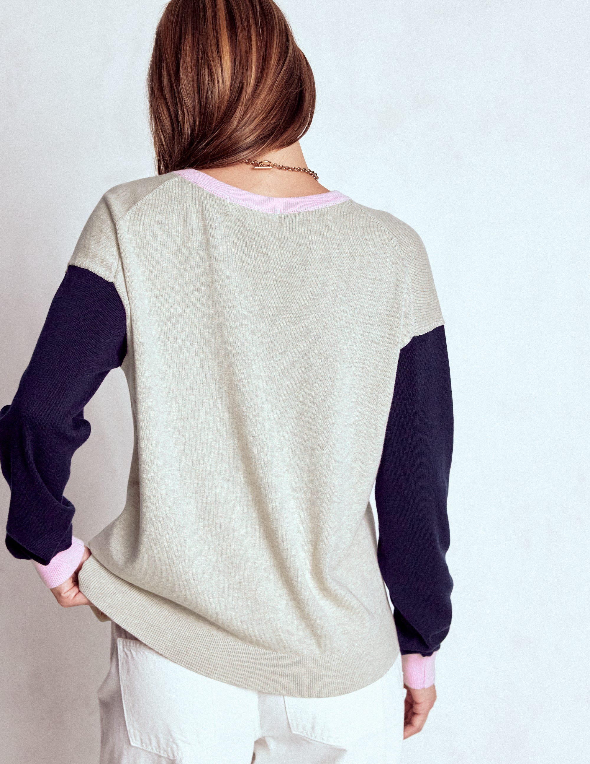 Lara Lockere Baumwoll-Strickjacke-Hafer Meliert, Marineblau - Image 3