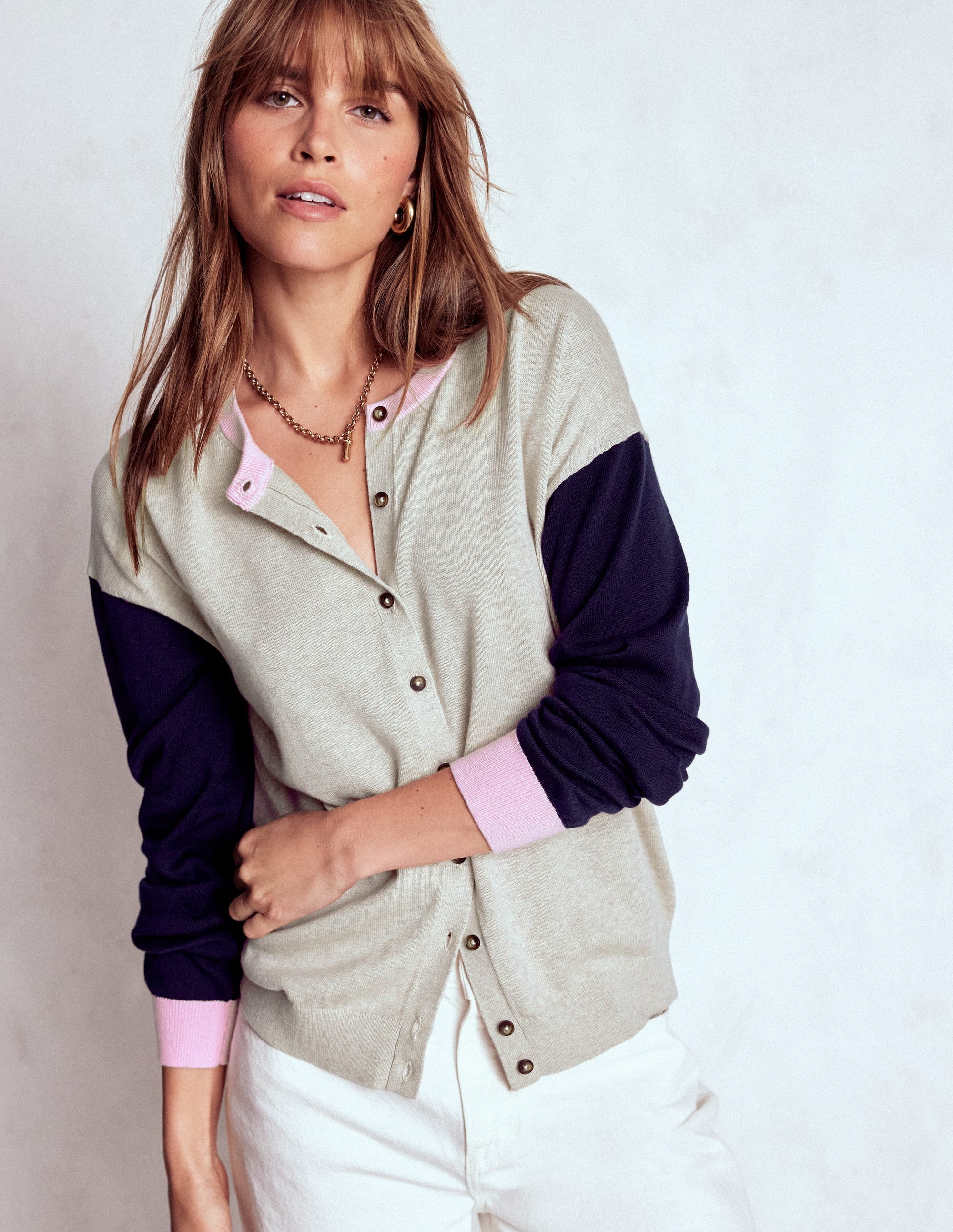 Lara Lockere Baumwoll-Strickjacke-Hafer Meliert, Marineblau - Image 4