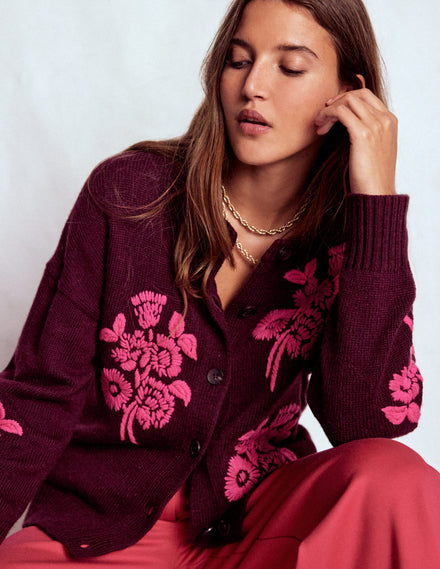 Gilet Natalie brodé-Cerise foncé bouquets