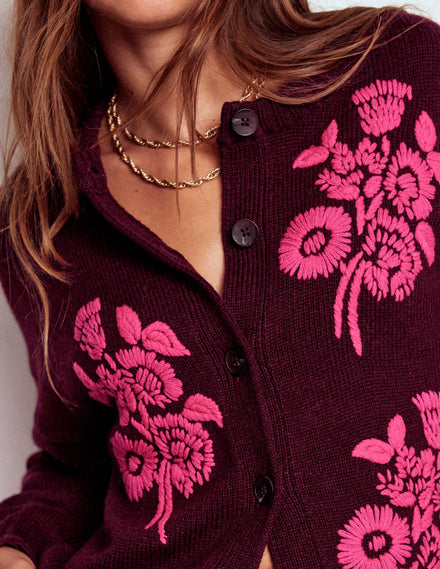 Gilet Natalie brodé-Cerise foncé bouquets