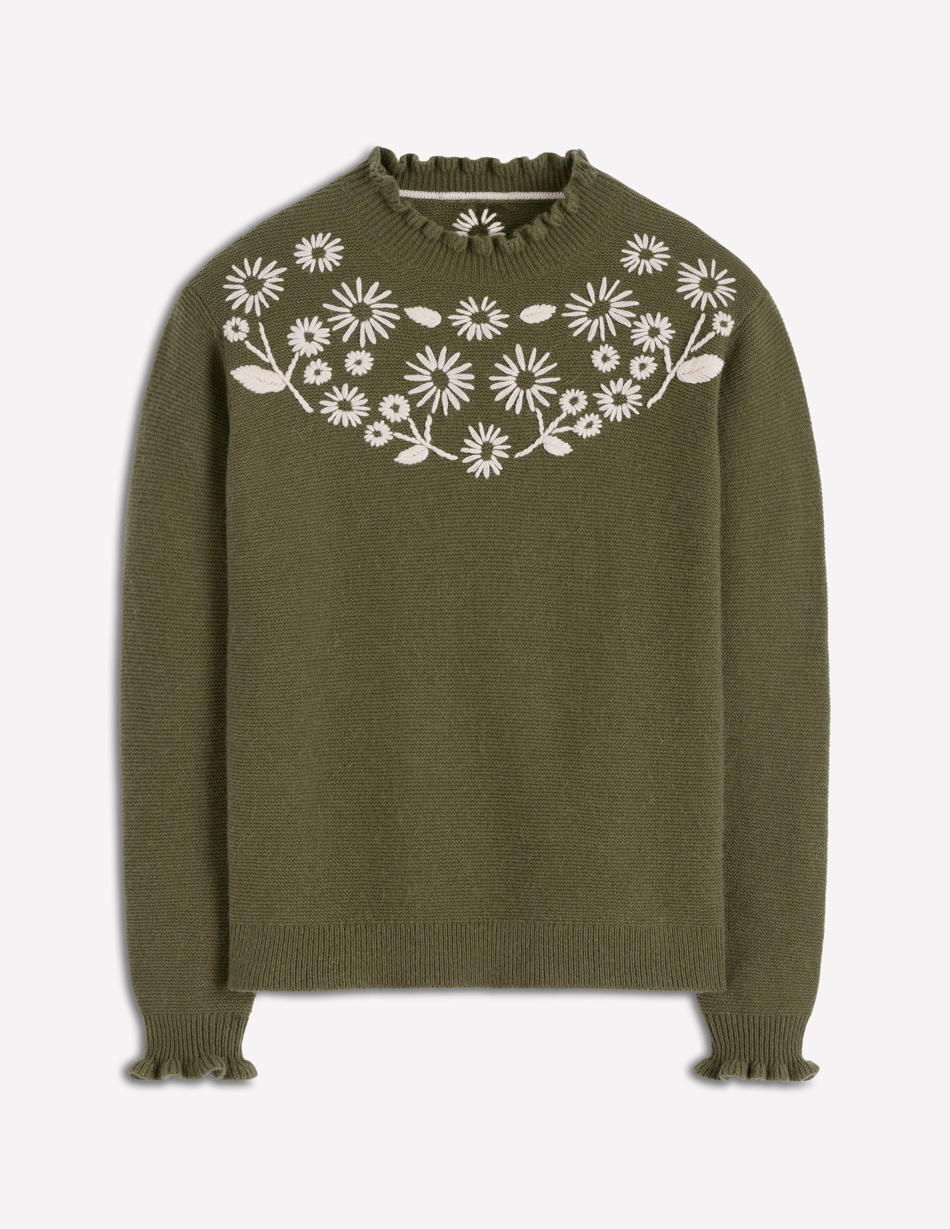 Bestickter Rüschenpullover-Waldgrün Melange-6