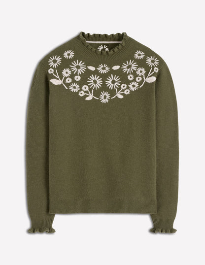Bestickter Rüschenpullover-Waldgrün Melange-6