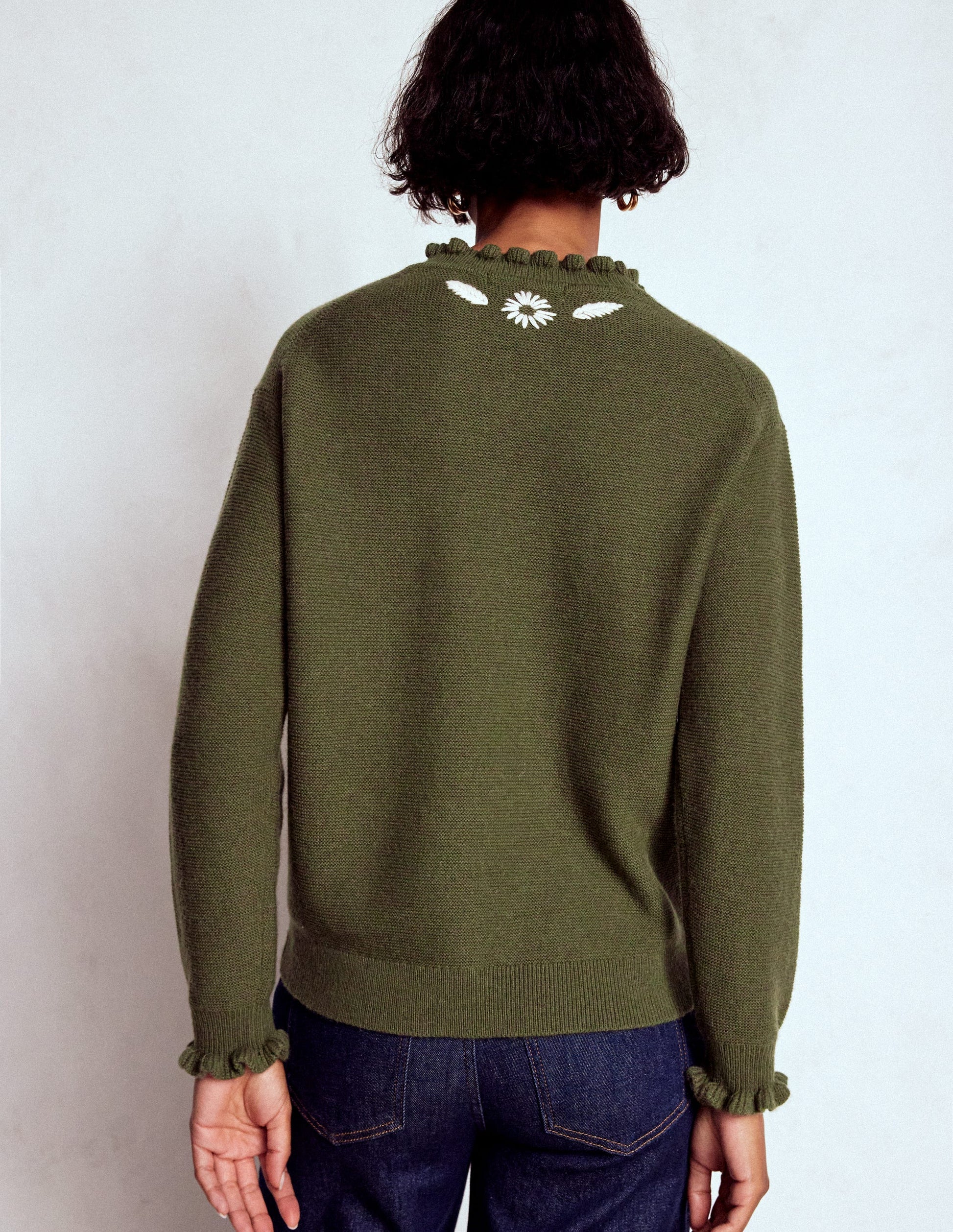 Bestickter Rüschenpullover-Waldgrün Melange-3