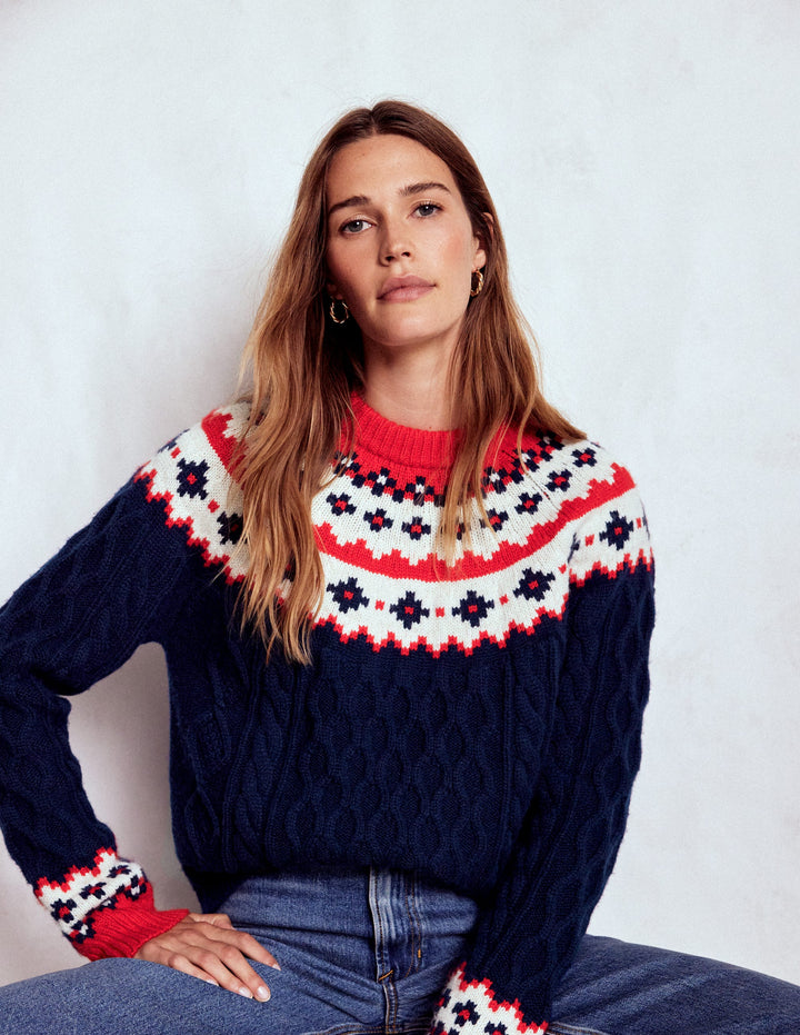 Eleanor Fair-Isle-Pullover-Marineblau Zopfmuster