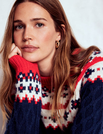 Pull Eleanor à motif jacquard-Maille torsadée bleu marine-3