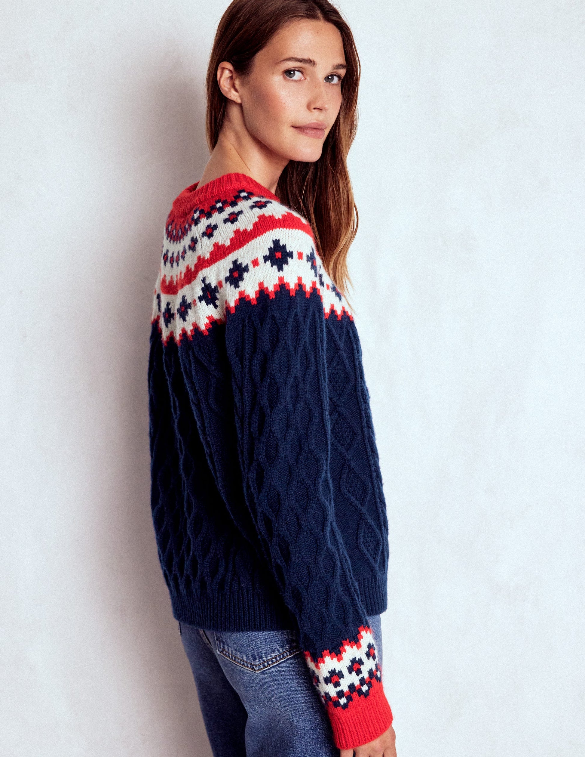 Pull Eleanor à motif jacquard-Maille torsadée bleu marine-4