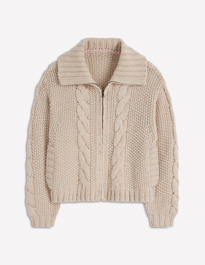 Melierte Strickjacke aus Grobstrick-Beige-5