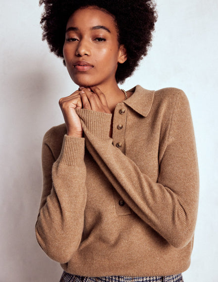 Kaschmirpullover mit Kragen-Camel Meliert