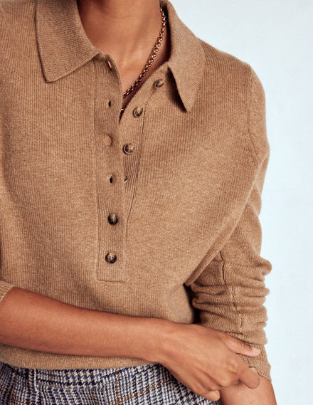 Kaschmirpullover mit Kragen-Camel Meliert