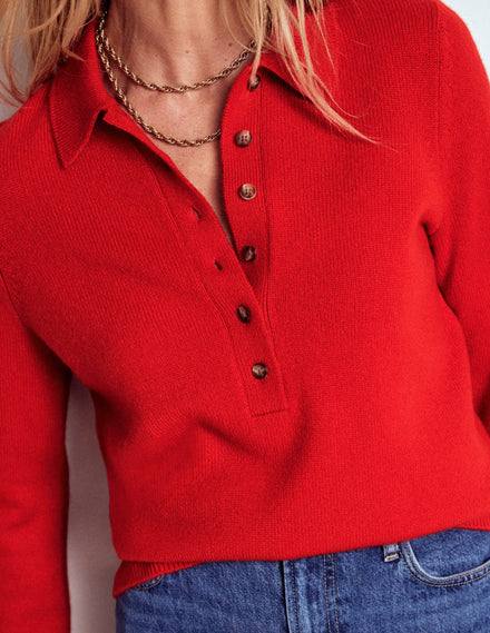 Kaschmirpullover mit Kragen-Mohnblumenrot