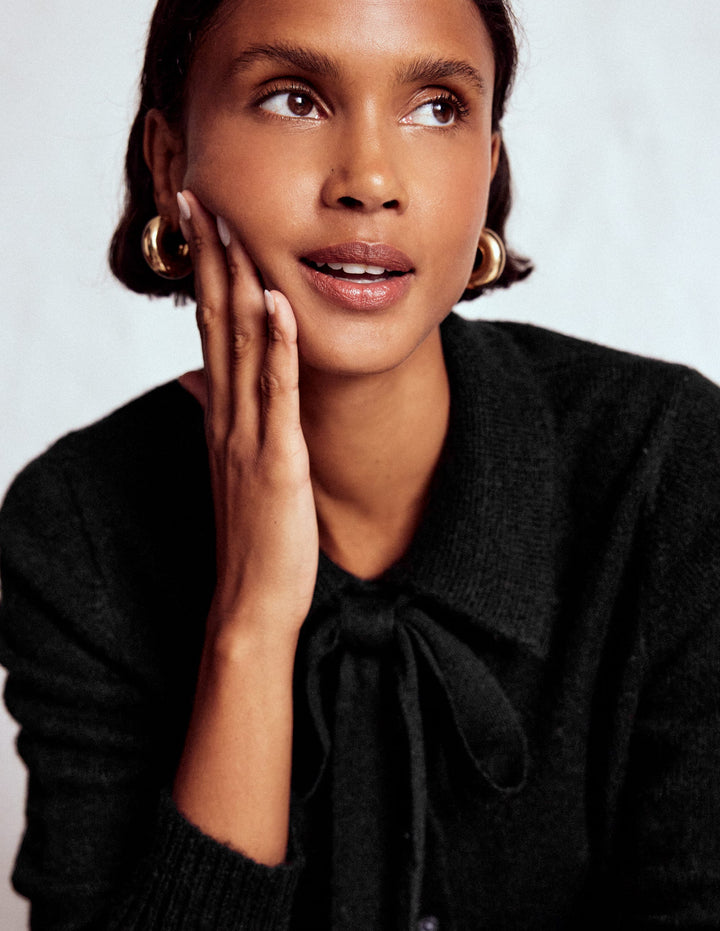 Strickjacke zum Binden mit Kragen-Schwarz