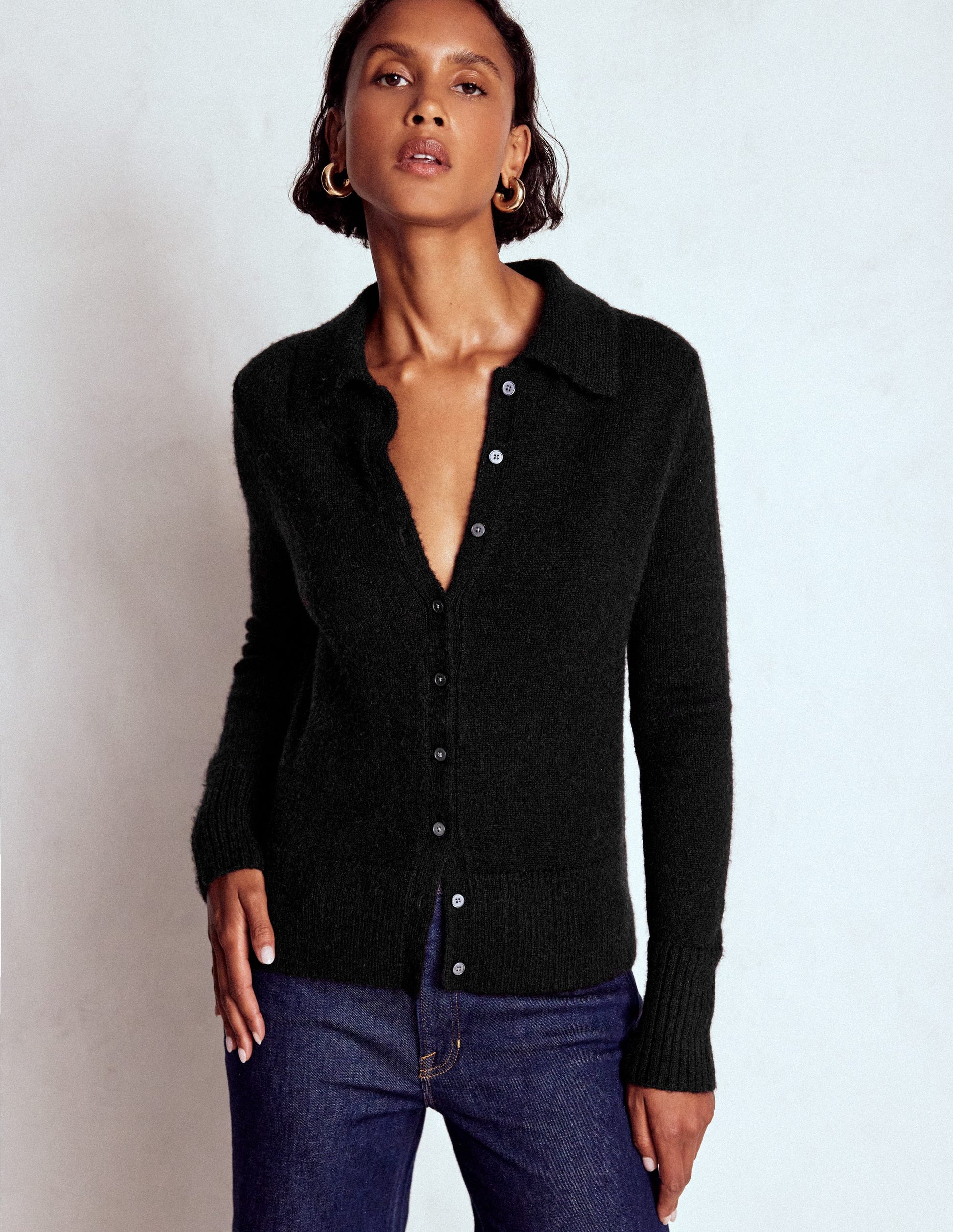 Strickjacke zum Binden mit Kragen-Schwarz-4