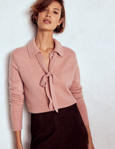 Strickjacke zum Binden mit Kragen-Gedecktes Zuckerwattenrosa
