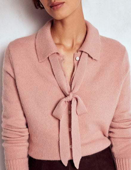 Strickjacke zum Binden mit Kragen-Gedecktes Zuckerwattenrosa