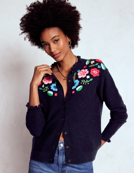 Bestickte Strickjacke mit Rüschen-Marineblau