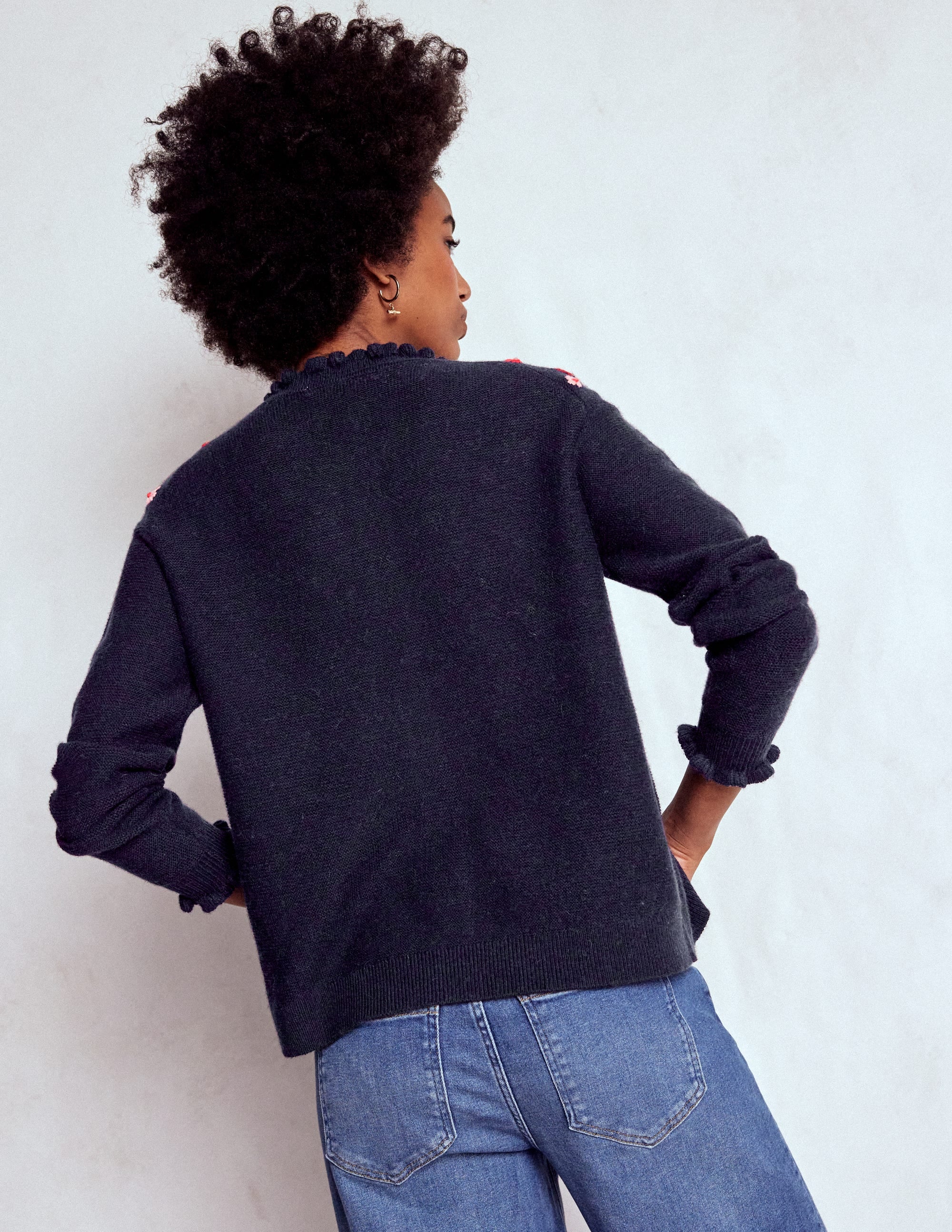 Embroidered Frill Cardigan-Navy - Image 3