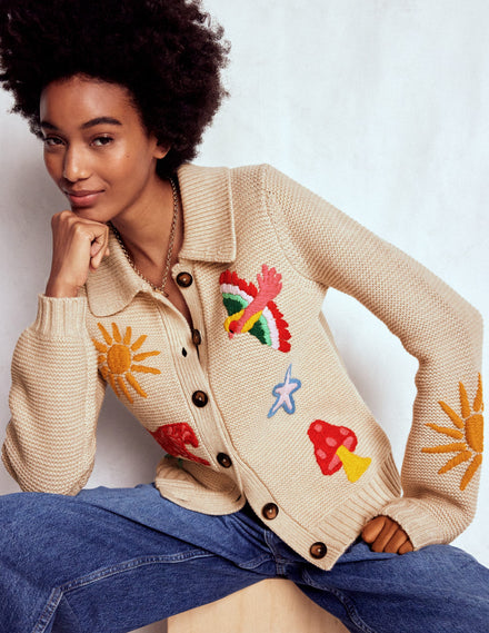Strickjacke mit Motiv und Kragen-Anenome