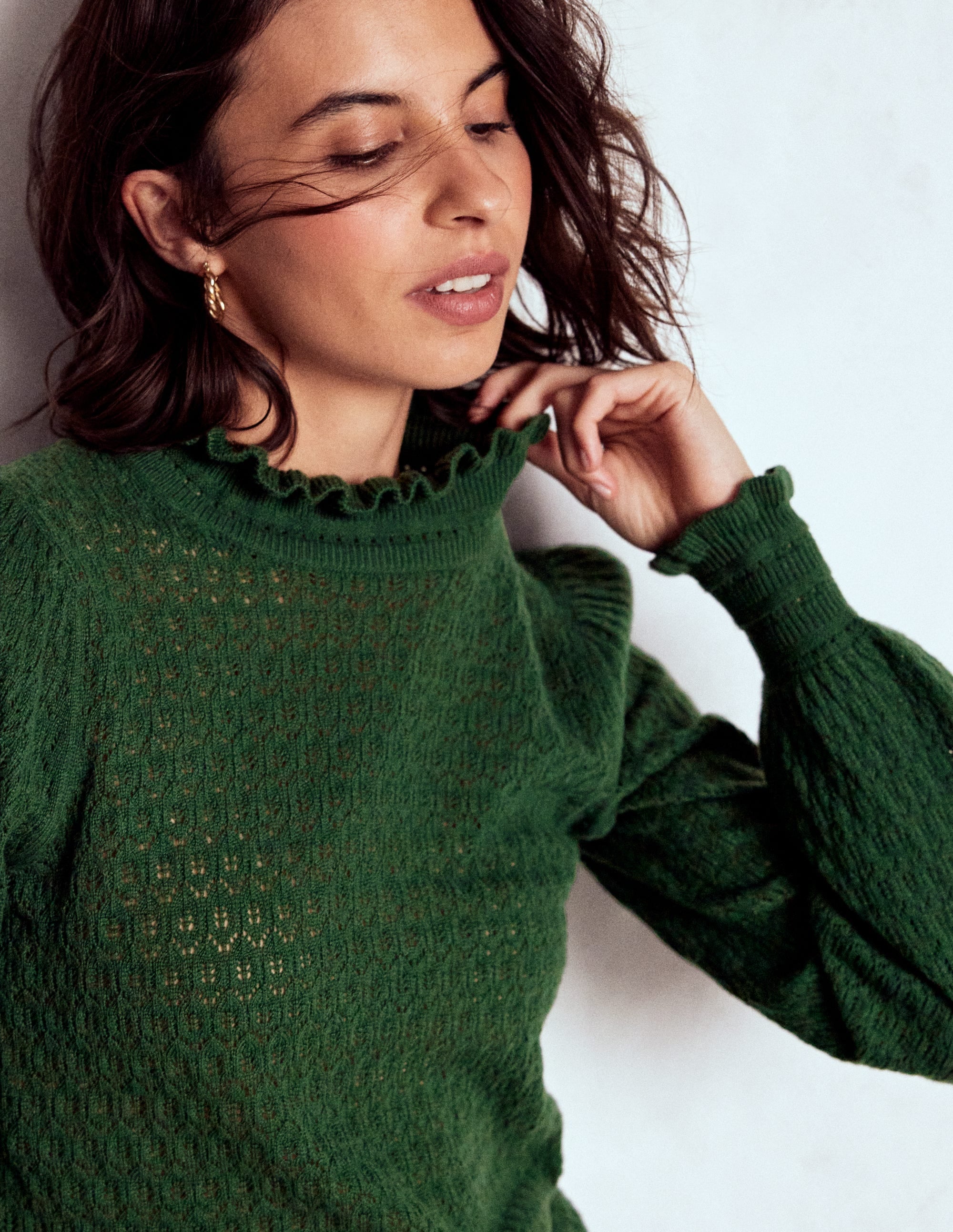 Pull en pointelle à volants-Vert chasseur - Image 1
