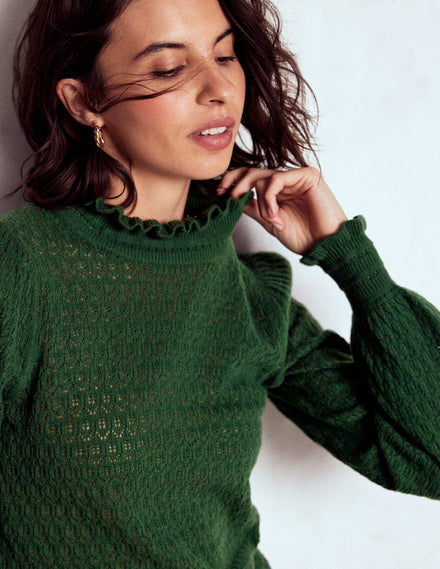 Pointelle-Pullover mit Rüschen-Jagdgrün