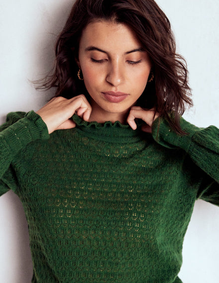 Pointelle-Pullover mit Rüschen-Jagdgrün