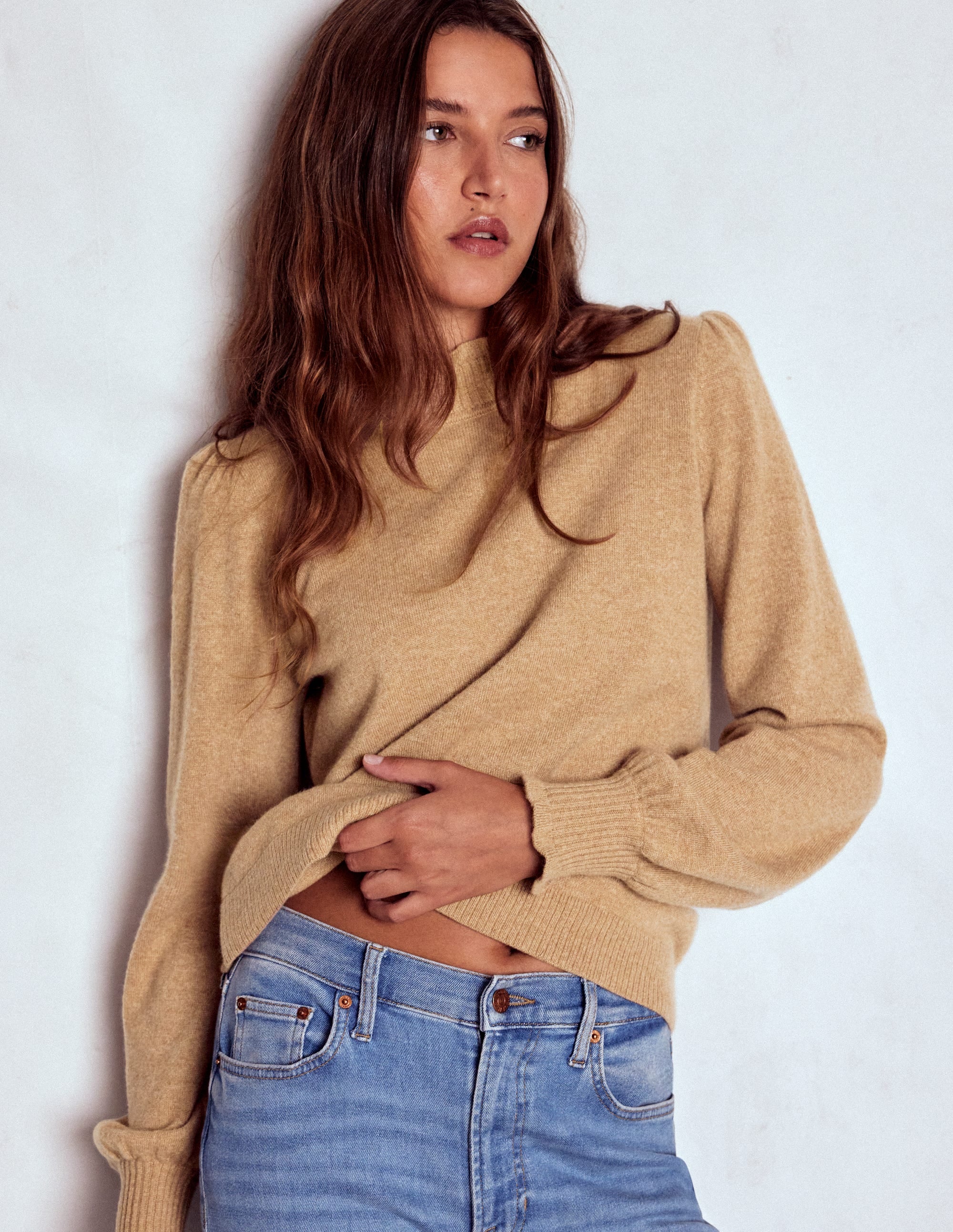 Kaschmirpullover mit Rüschenbesatz-Camel Meliert - Image 1