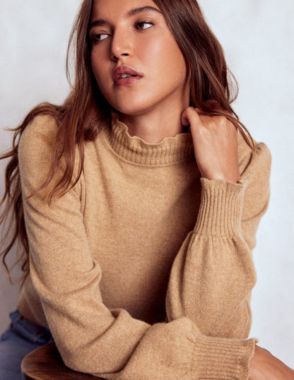 Kaschmirpullover mit Rüschenbesatz-Camel Meliert-2