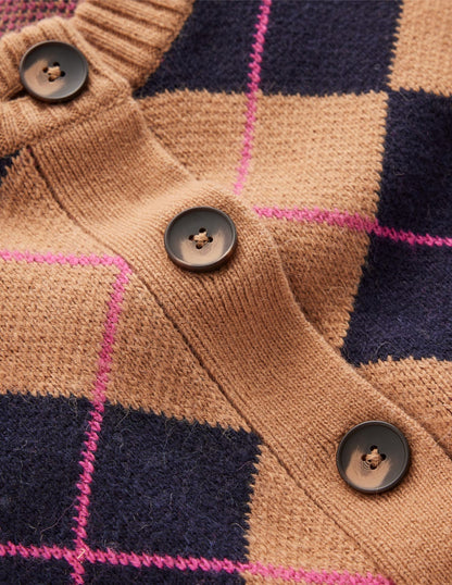 Cardigan Abi en jacquard-Motif argyle camel, bleu marine-6