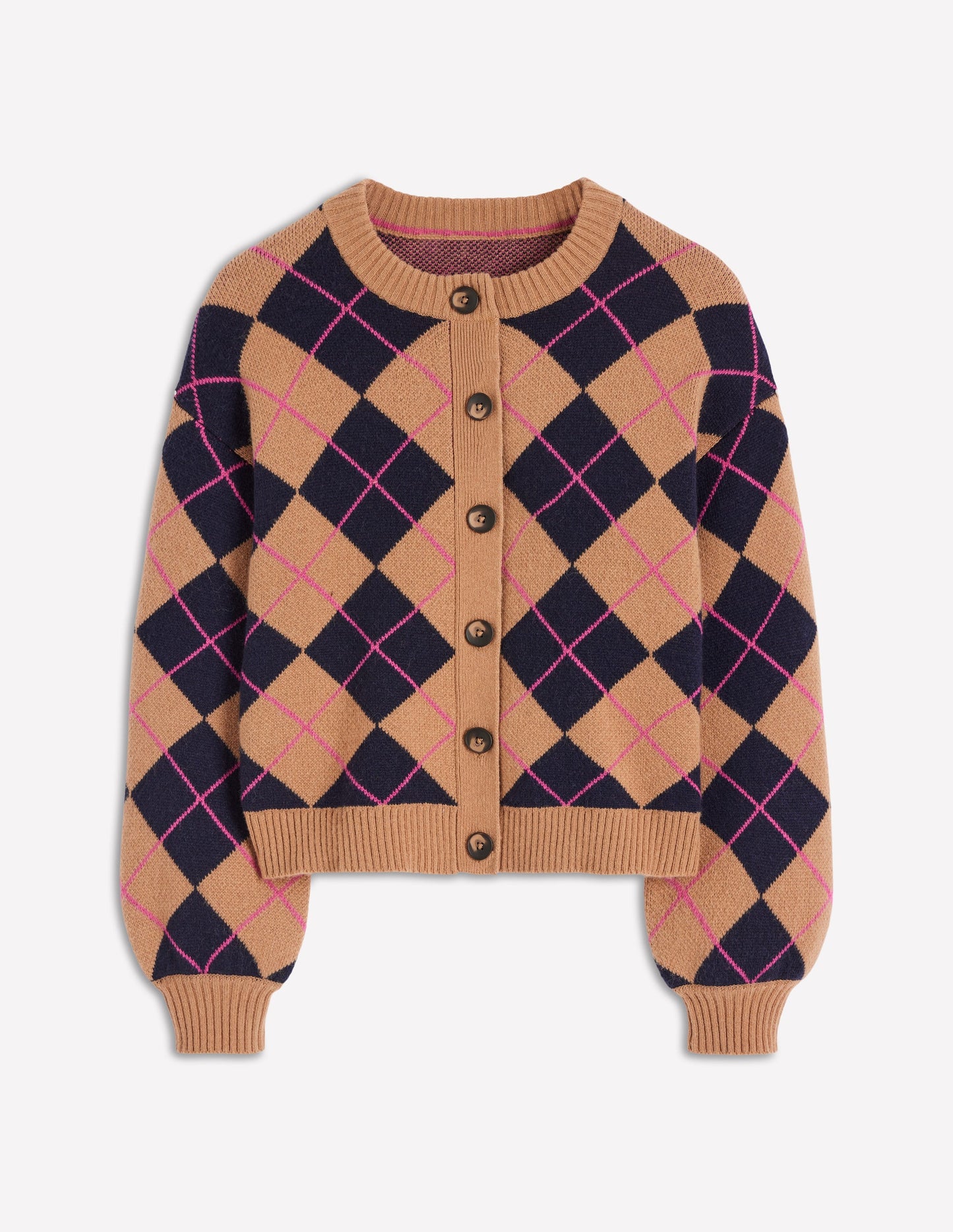 Cardigan Abi en jacquard-Motif argyle camel, bleu marine