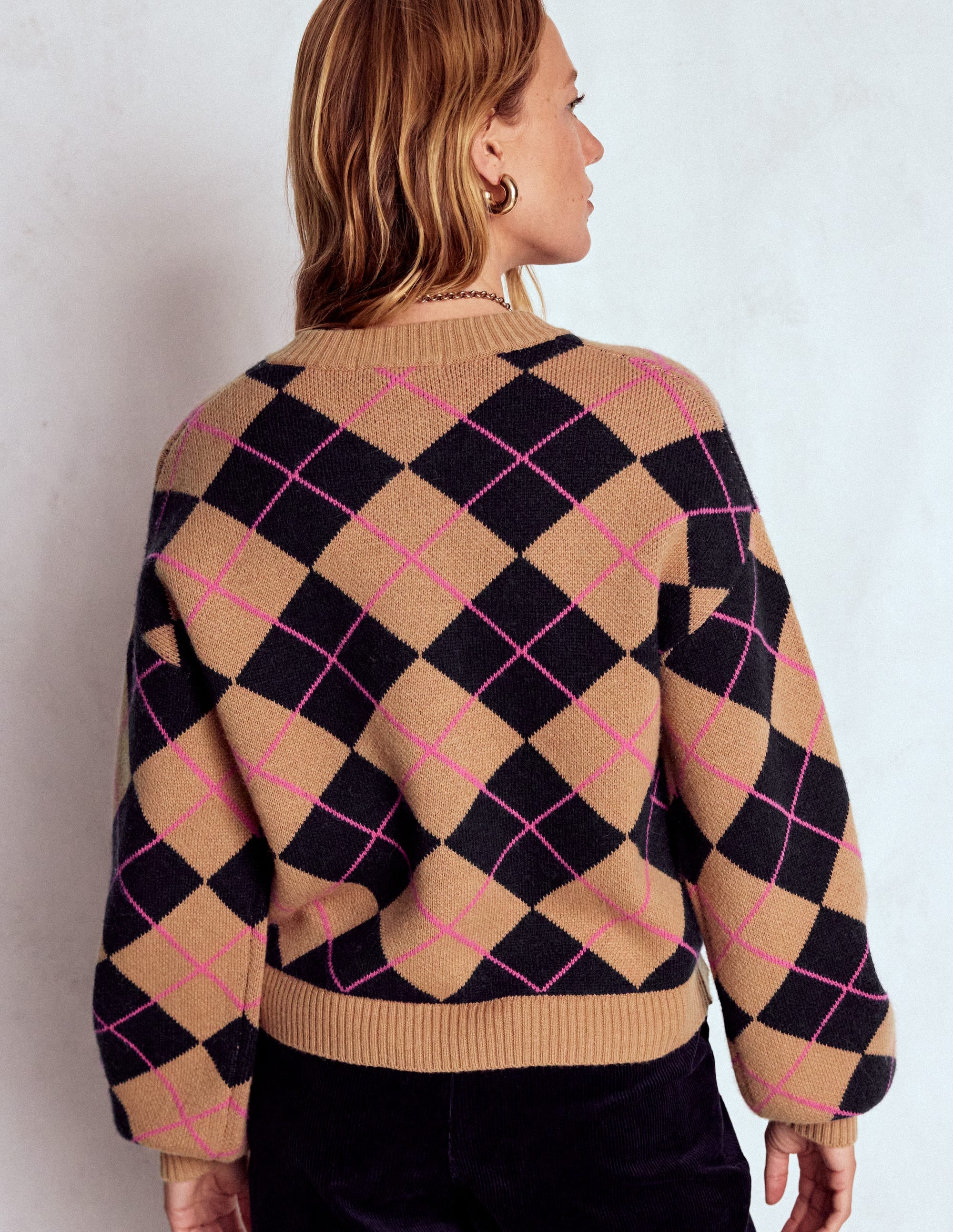 Abi Jacquard Cardigan-Camel, Navy Argyle - Image 4