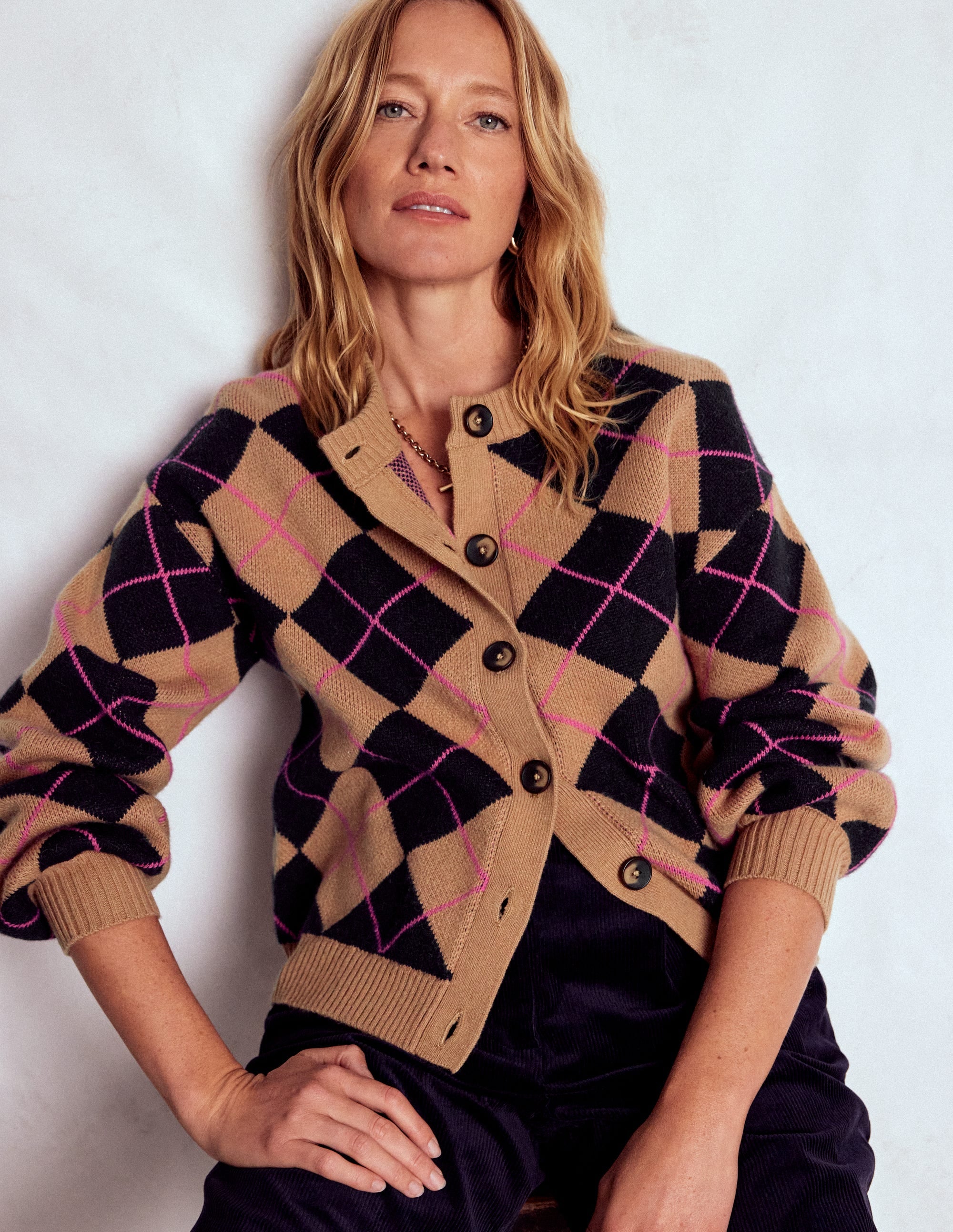 Abi Jacquard Cardigan-Camel, Navy Argyle - Image 5