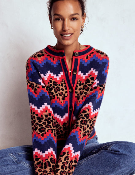 Abi Jacquard-Strickjacke-Bunt Fair-Isle, Leopardenmuster