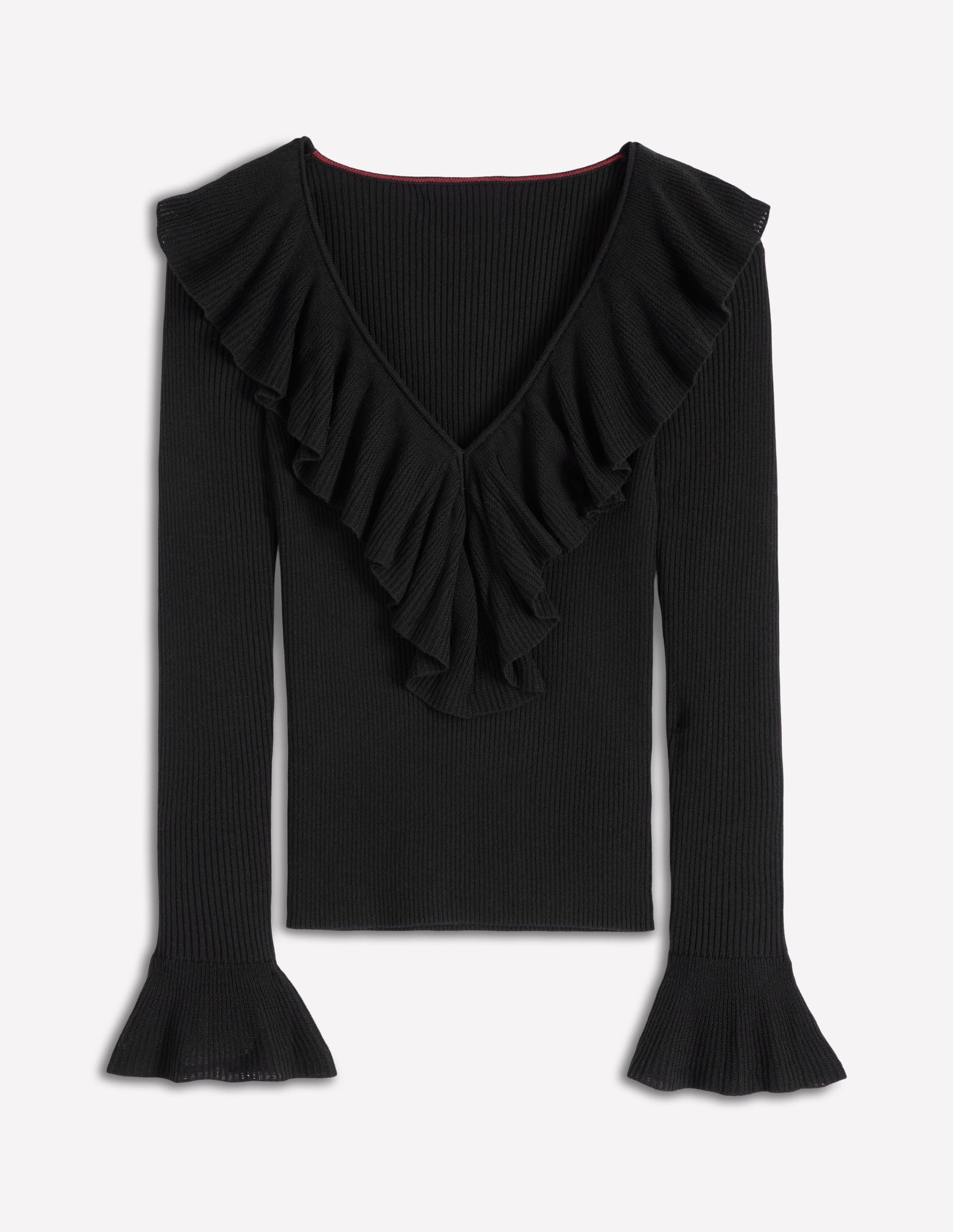 Pull côtelé à col tunisien et volants-Noir-5