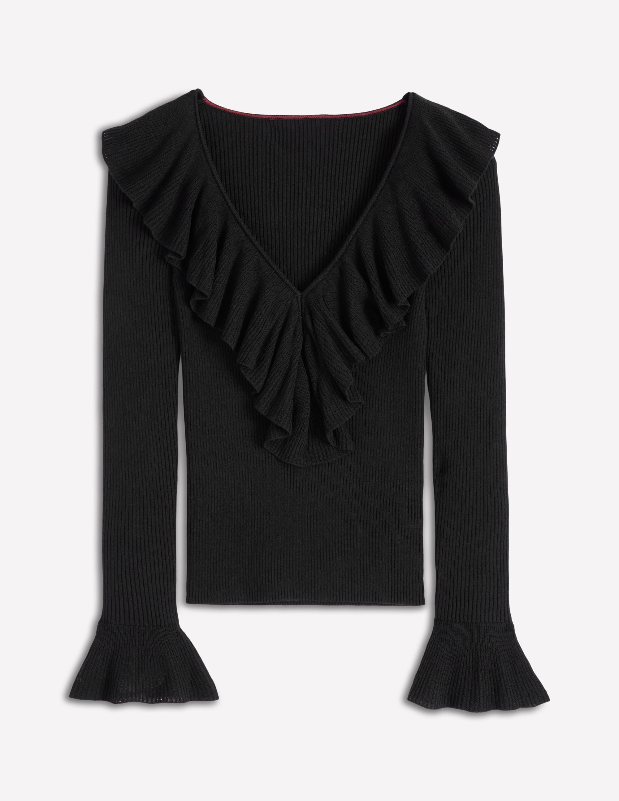 Gerüschter Henley-Pullover aus Rippstrick-Schwarz - Image 5