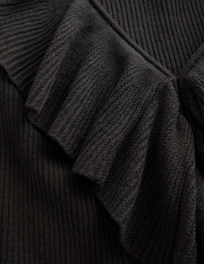 Pull côtelé à col tunisien et volants-Noir-6