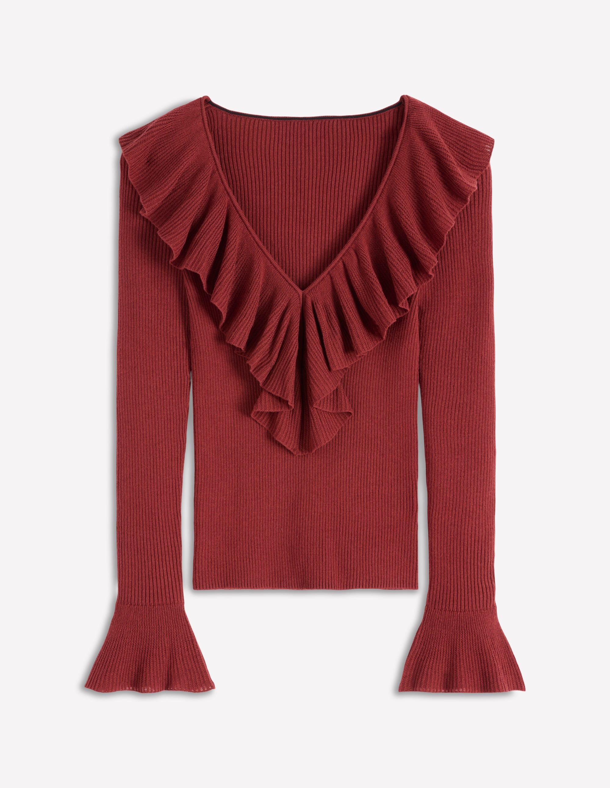 Gerüschter Henley-Pullover aus Rippstrick-Kastanie - Image 6