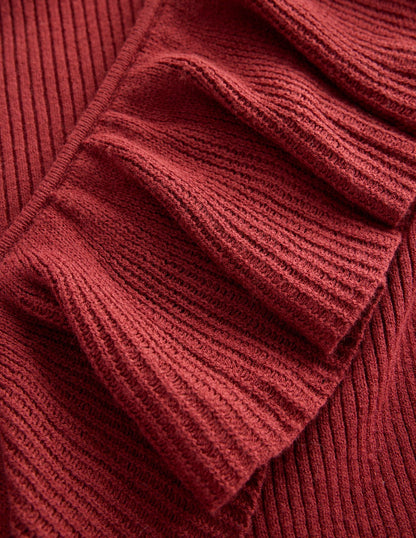 Pull côtelé à col tunisien et volants-Châtaigne-7