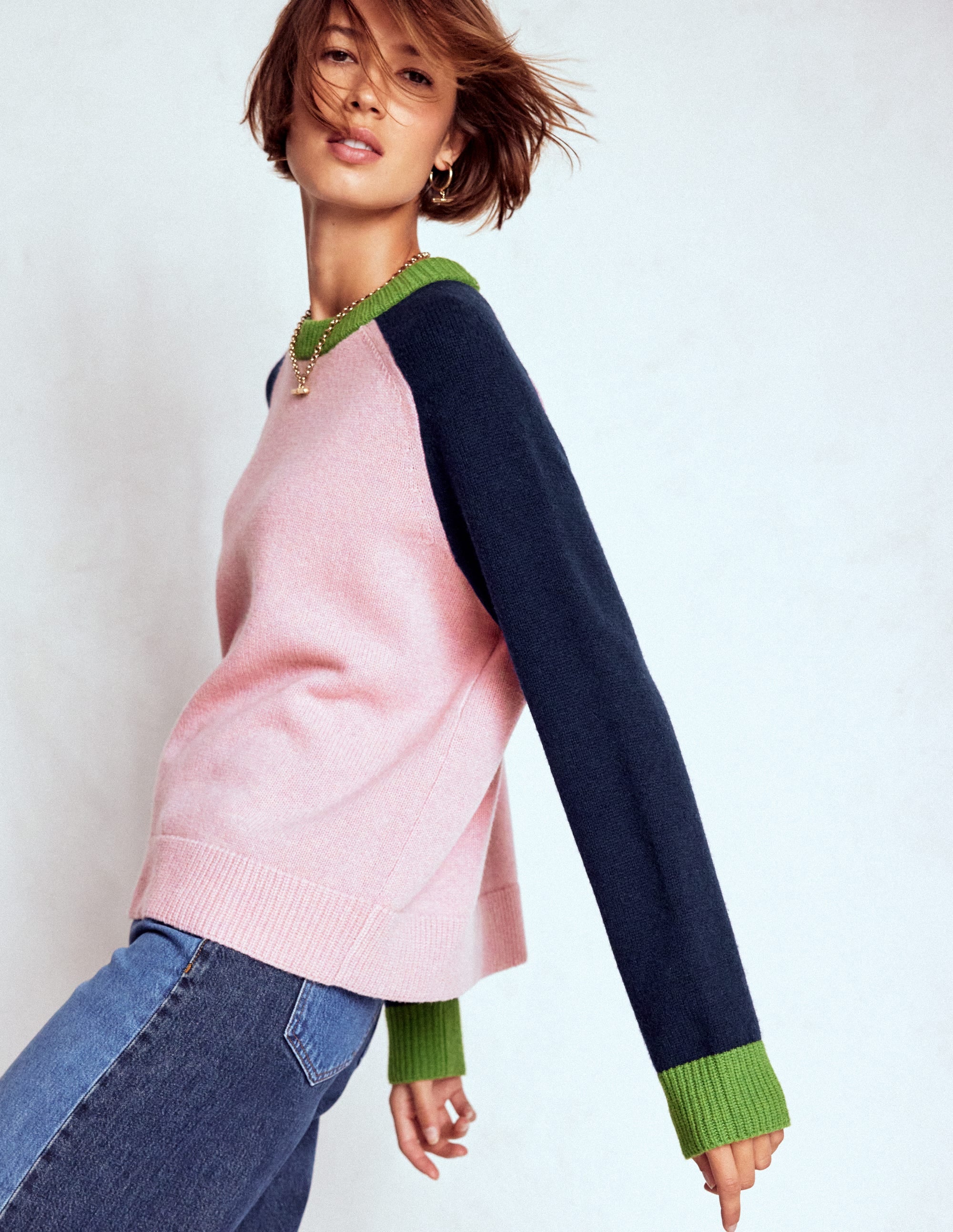 Marion Merino-Pullover-Französisches Rosa, Marineblau Blockfarben - Image 1