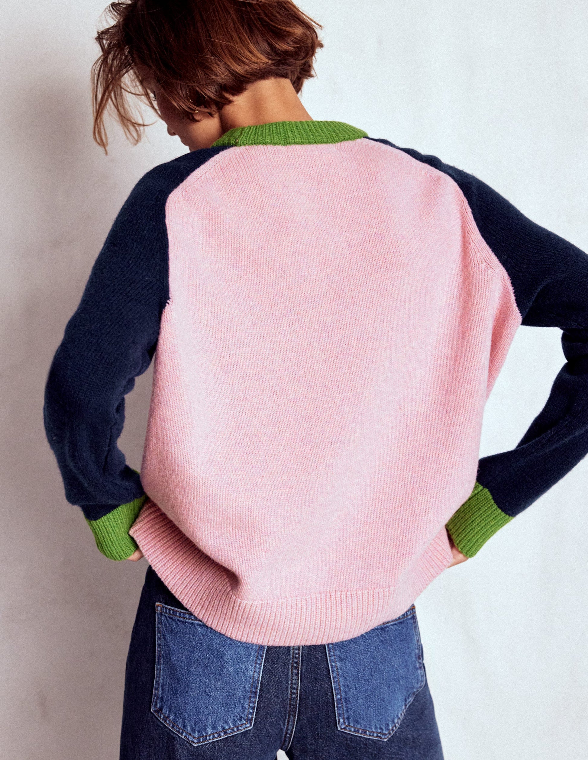 Marion Merino-Pullover-Blassrosa, Marineblau Blockfarben-3