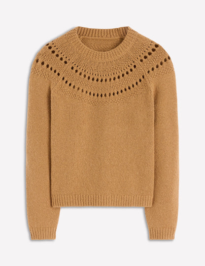 Flauschiger Grobstrickpullover-Camel Meliert-6