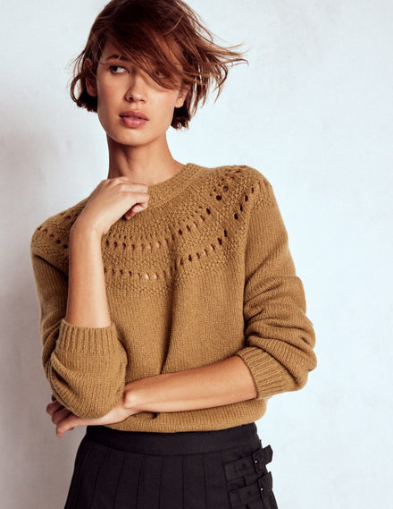 Flauschiger Grobstrickpullover-Camel Meliert