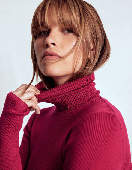 Pull col roulé Emilia en coton-Cerise vif