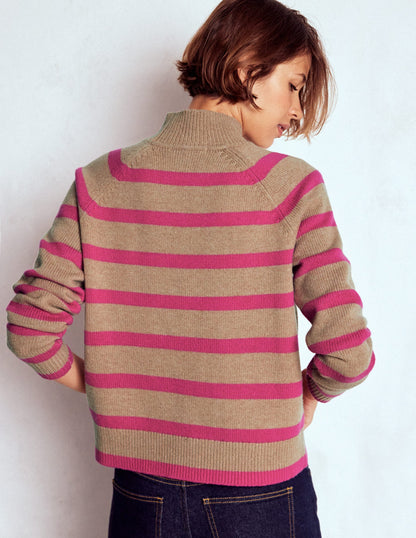 Marion Hochgeschlossener Merino-Pullover-Kamel, Brilliantpink Streifen-3