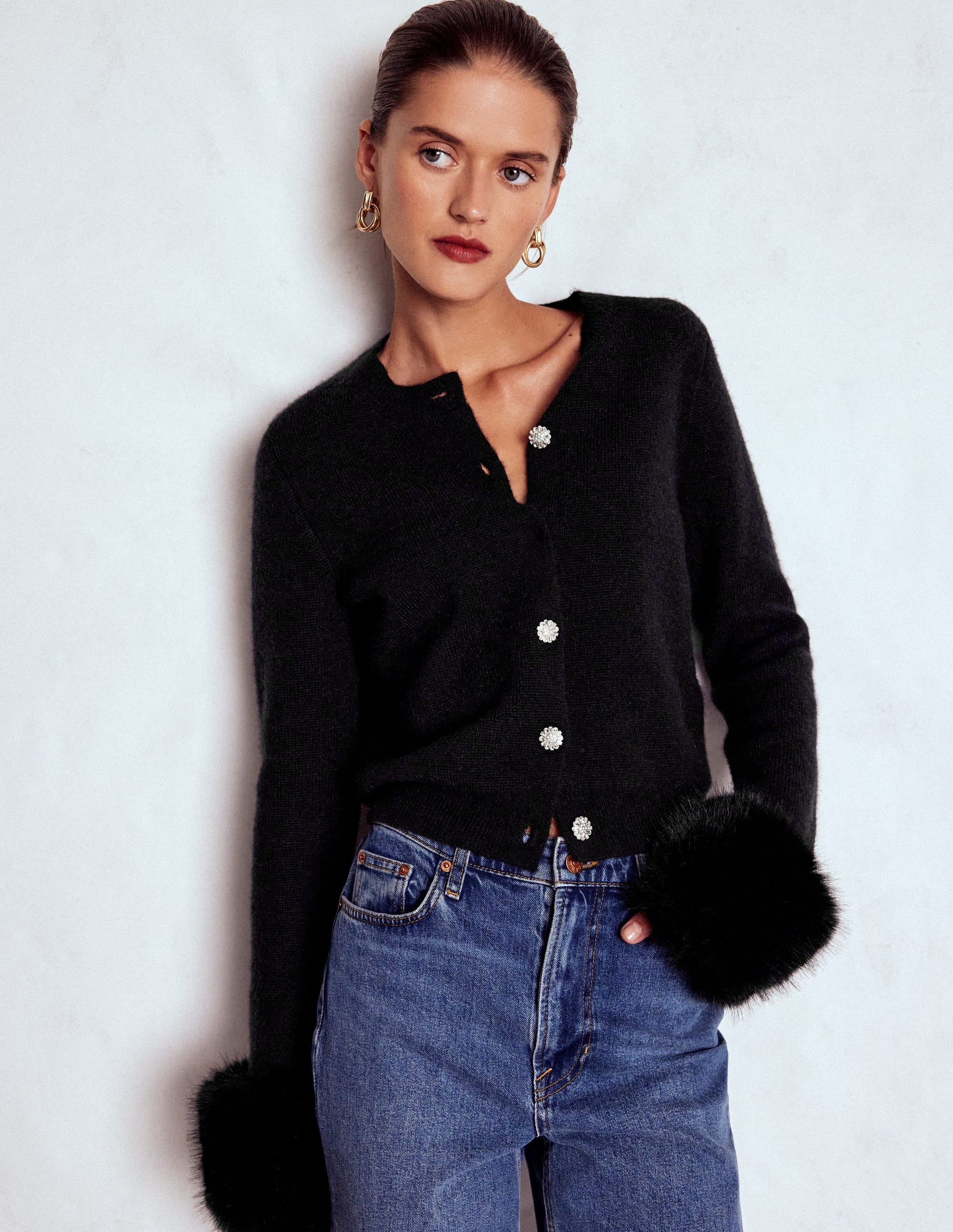 Strickjacke mit Fellbesatz-Schwarz - Image 1