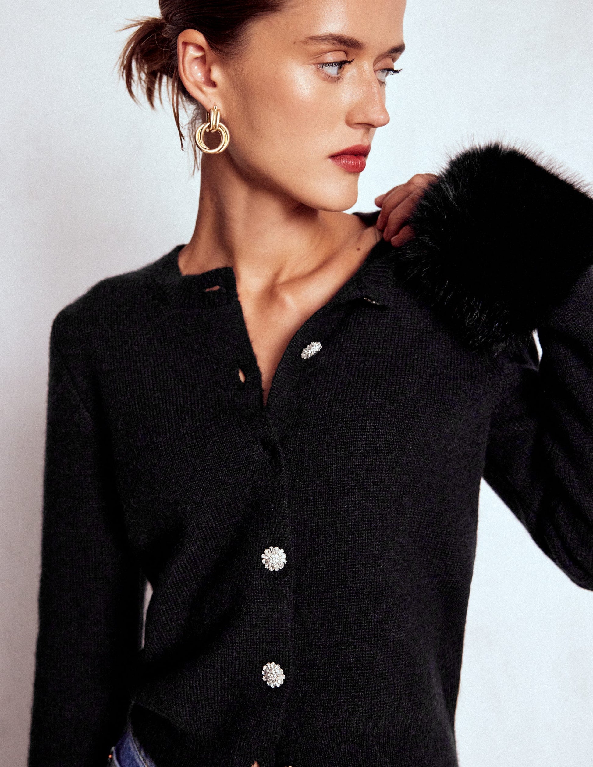 Cardigan à détails en fourrure-Noir-6