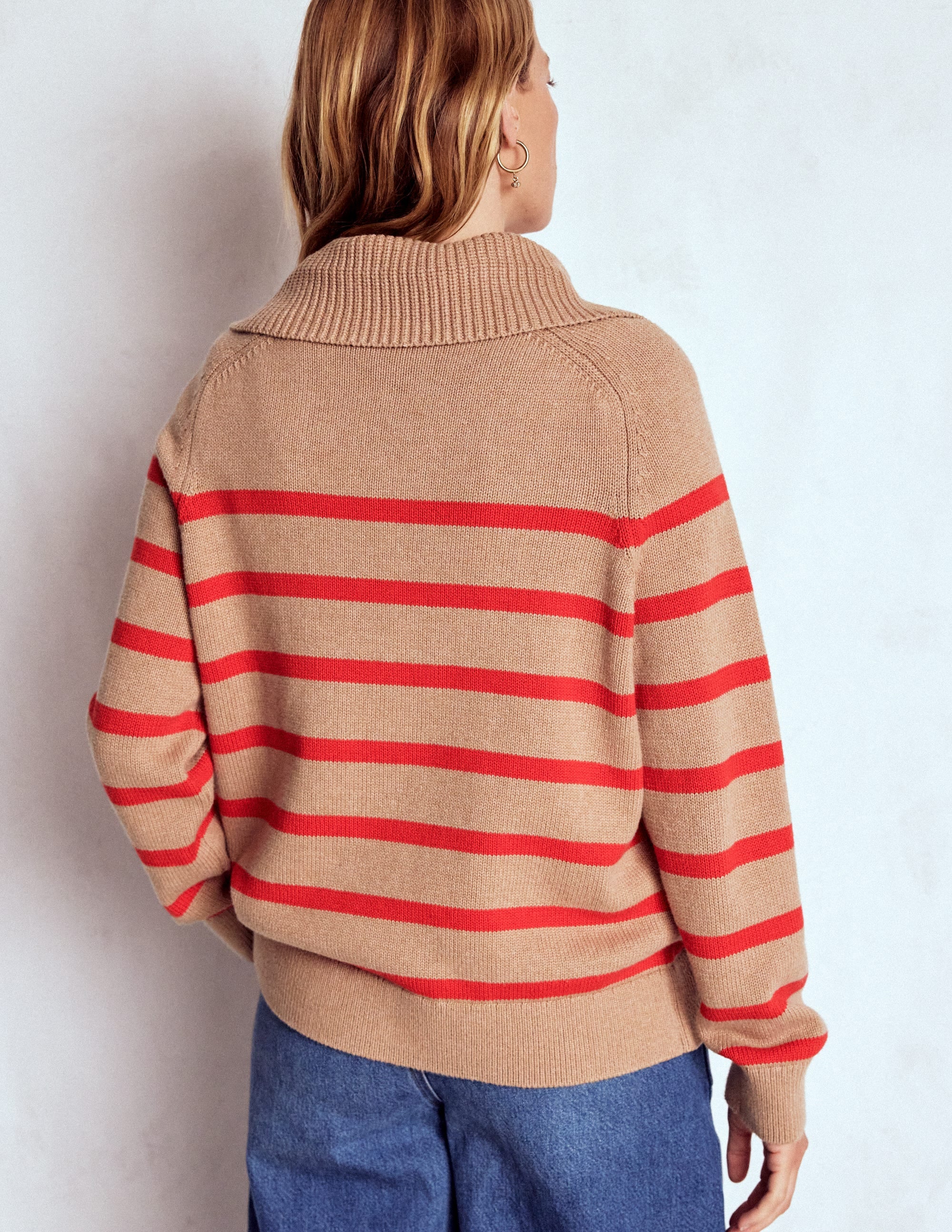 Lucy Pullover mit Halbreißverschluss-Kamelbraun Meliert, Rote Streifen - Image 4