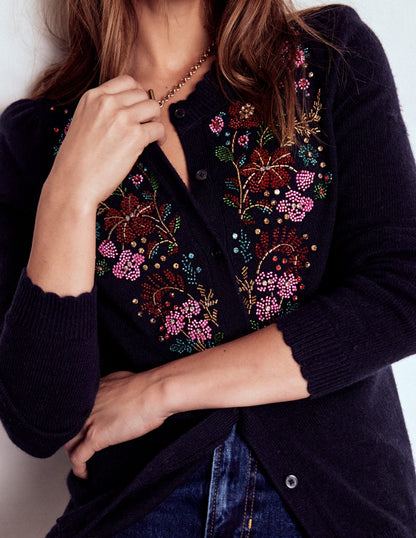 Elizabeth Verzierte Strickjacke-Marineblau, Blütenverzierung-3