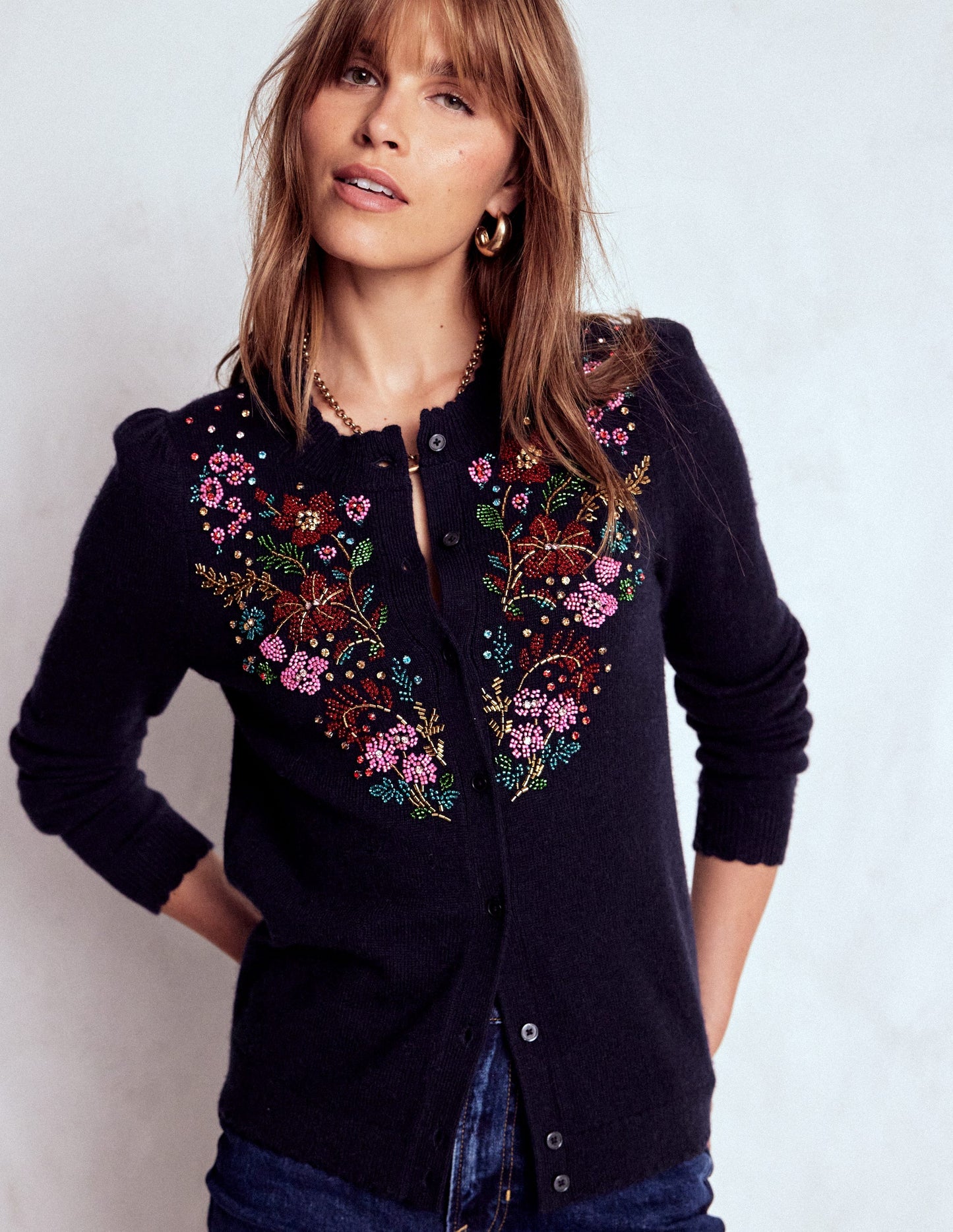 Elizabeth Verzierte Strickjacke-Marineblau, Blütenverzierung