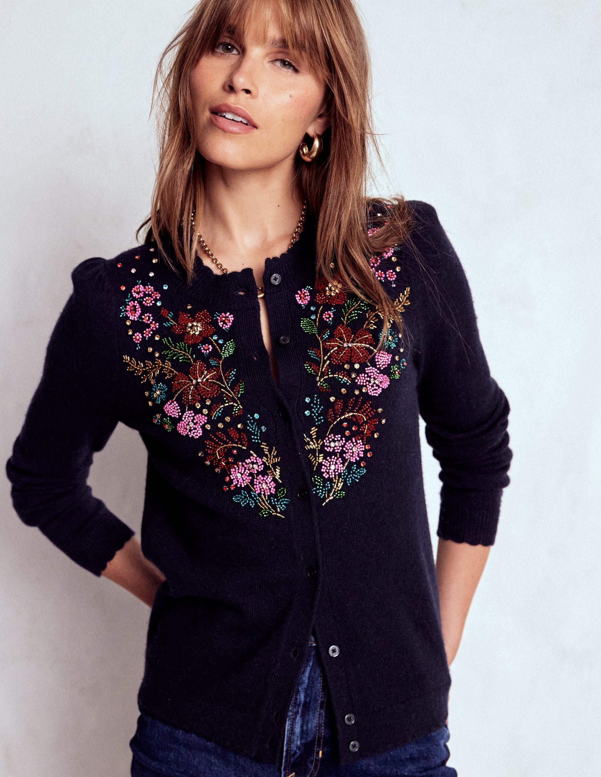 Elizabeth Verzierte Strickjacke-Marineblau, Blütenverzierung-5
